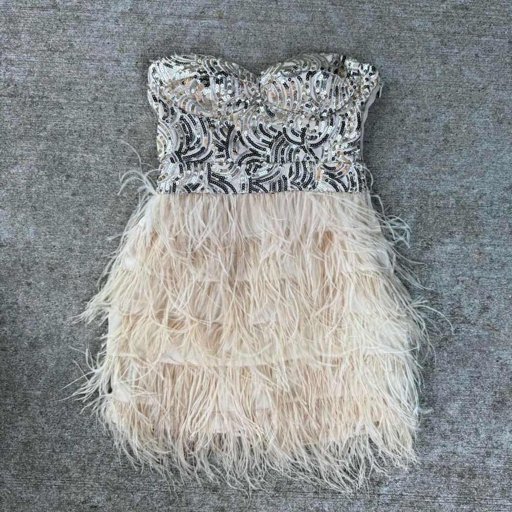 Sequin & Feather Cocktail Dress - Cream